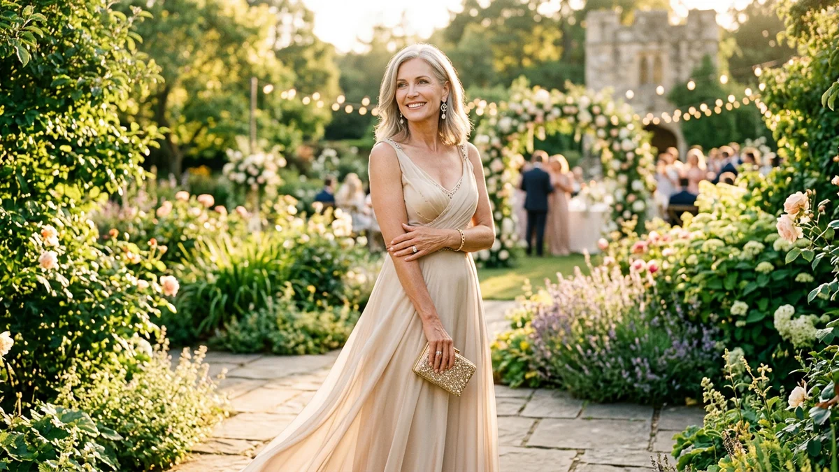 Elegant mother of the bride wearing a flowing champagne gown with gold accessories in a sunlit garden venue