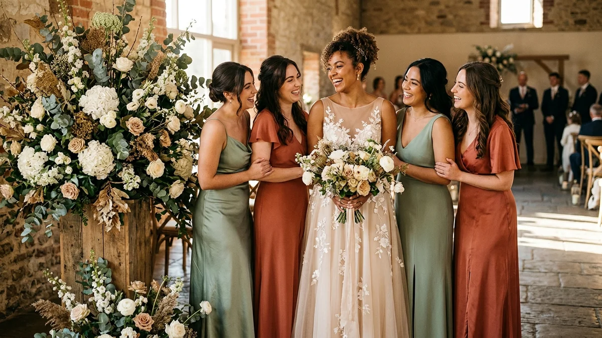 Novia con vestido champán junto a sus damas de honor en tonos neutros profundos, al lado de un arreglo floral marfil