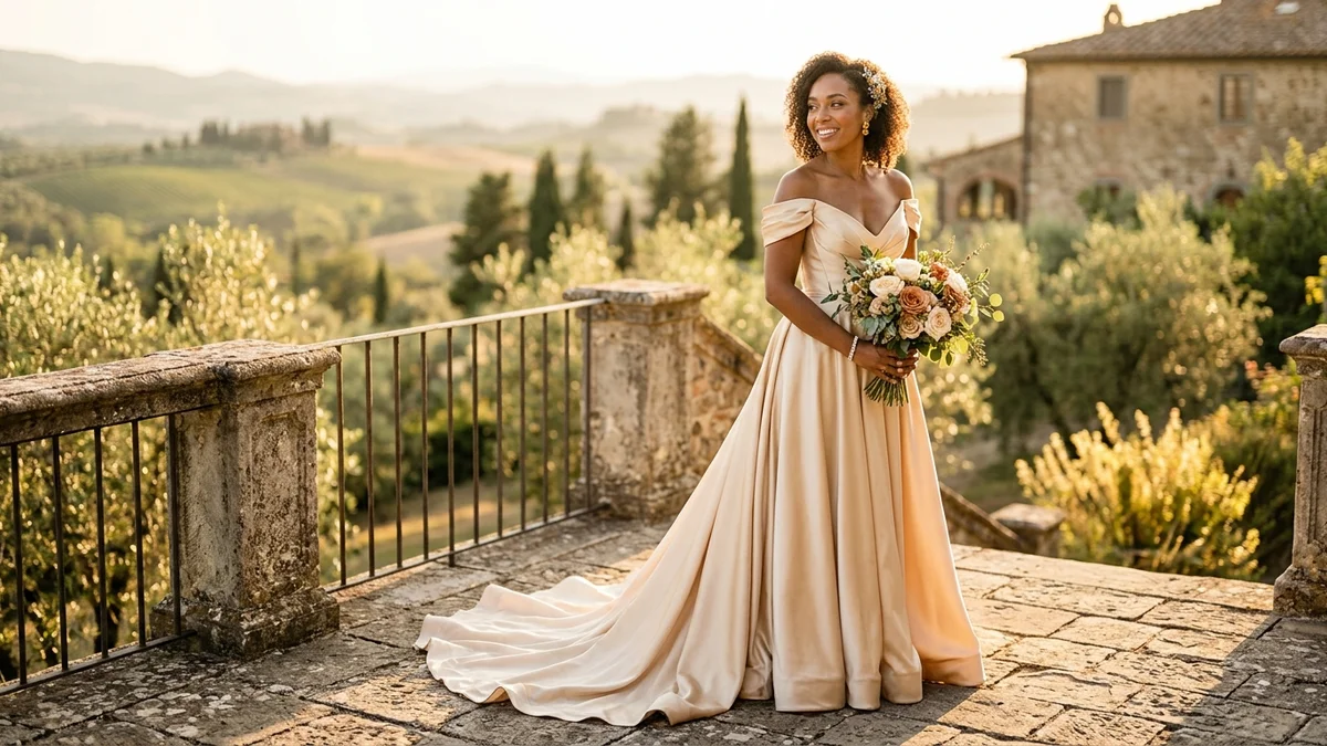 Noiva com vestido de noiva champanhe de cetim sob a luz dourada da tarde em um terraço de pedra