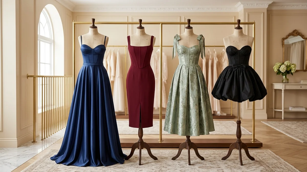 Quatre robes corset d'invitée côte à côte : satin long, crêpe midi, jacquard mi-long et taffetas court