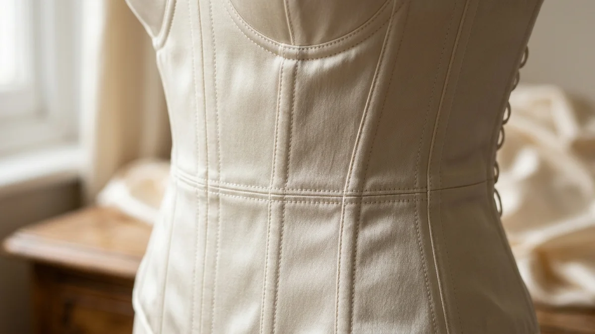 Gros plan sur un bustier corset structuré montrant les coulisses de baleines verticales, la couture de taille et le panneau dorsal couvert, en satin ivoire