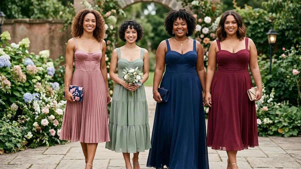 Quatre femmes de morphologies différentes portant chacune une robe corset d'invitée adaptée à ses proportions, dans une lumière douce