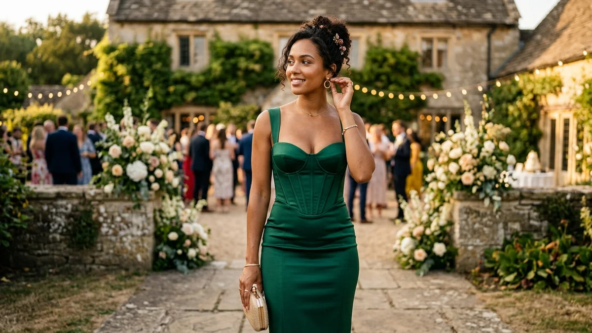 Invitée de mariage en robe corset midi structurée, dans la lumière chaude du soir devant un lieu de réception
