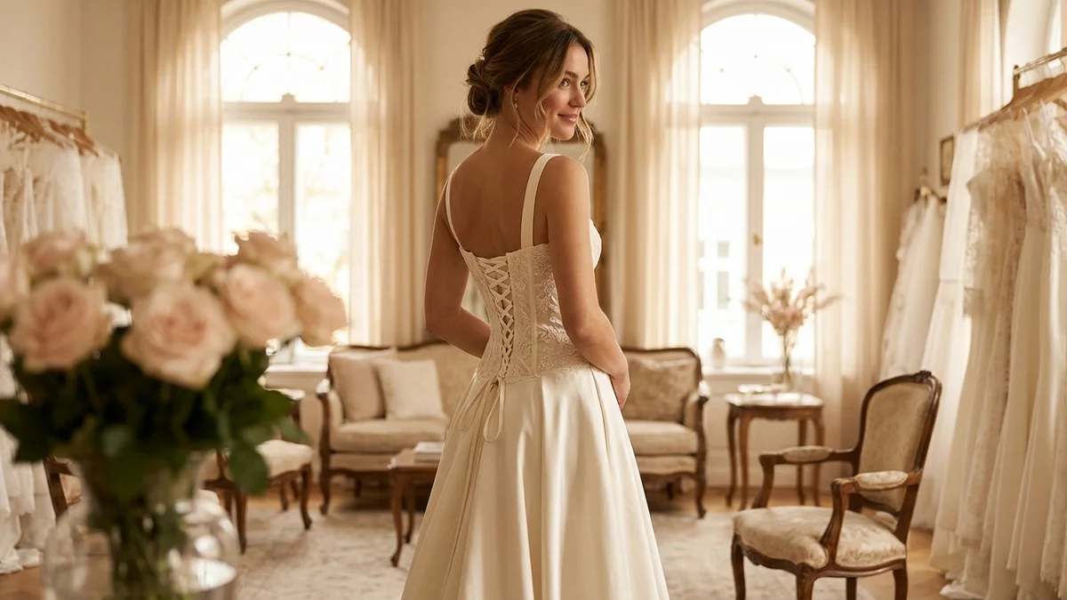 Elegant bride wearing a structured corset wedding dress with lace-up back detail in a luxury bridal boutique