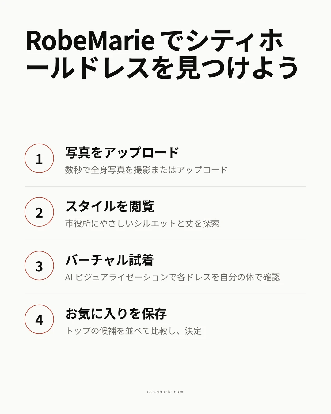 RobeMarie のバーチャル試着が、3つのシンプルなステップでシティホール花嫁が自宅からドレスのスタイルをプレビューできるよう手助けする様子