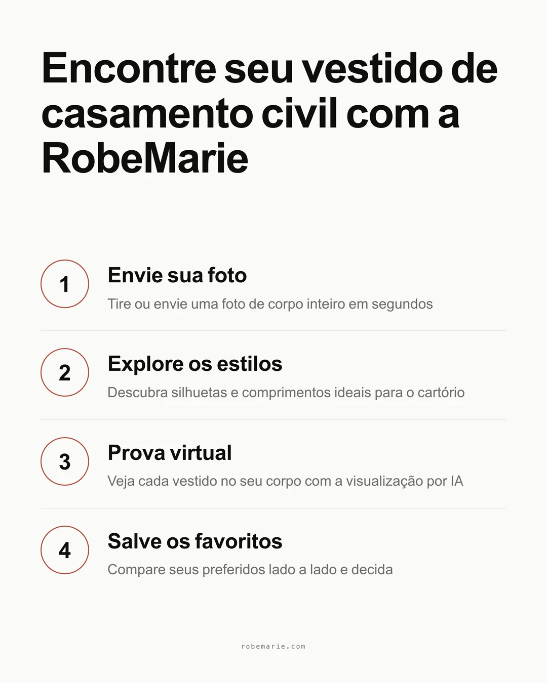 Como a prova virtual da RobeMarie ajuda noivas de cartorio a visualizar estilos de vestido de casa em tres passos simples