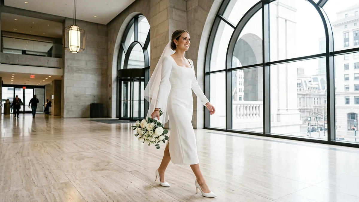 Stylish bride in a structured white midi dress walking confidently through a modern city hall lobby with marble floors and natural light streaming through tall windows