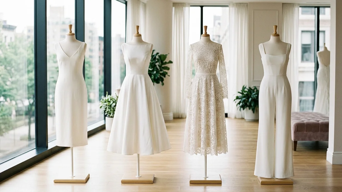 Four different courthouse wedding dress silhouettes — sheath, A-line, tea-length, and jumpsuit — displayed on elegant dress forms in a bright minimalist boutique with floor-to-ceiling windows