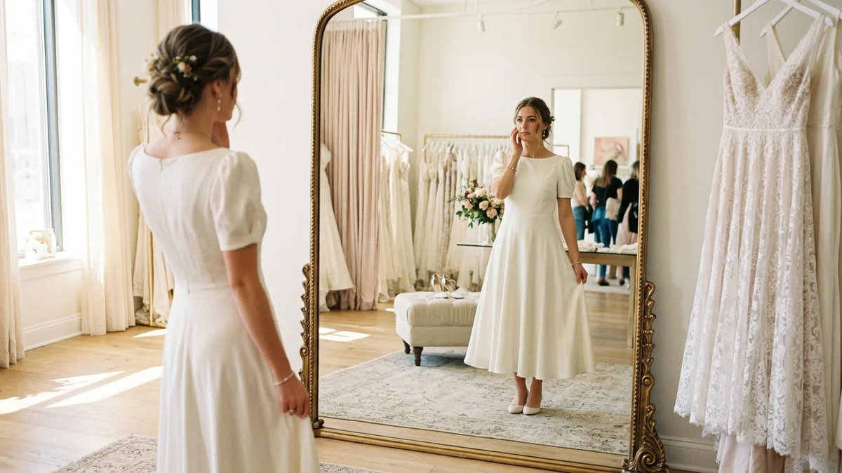 Bride gazing at her reflection in a full-length mirror at a bridal boutique, deliberating between a dramatic gown on one side and a chic midi dress on the other