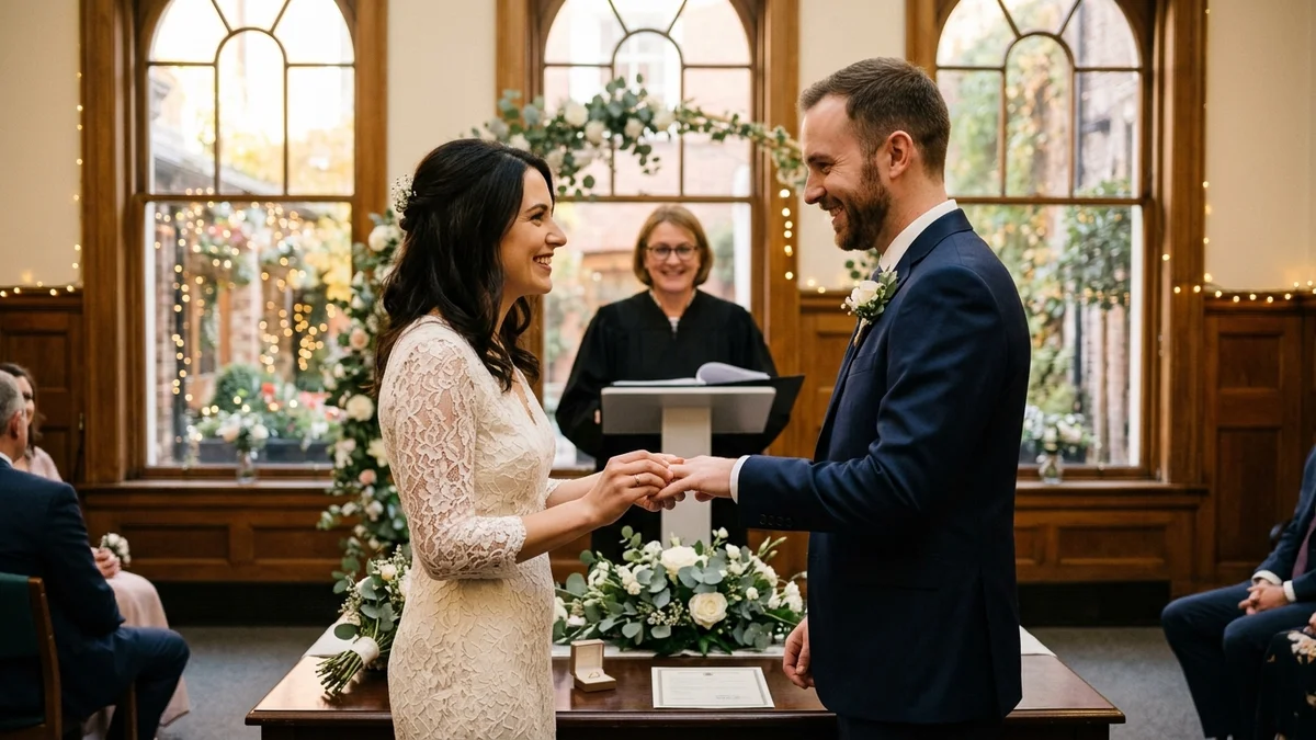 Intimate moment of a couple exchanging rings at a beautifully decorated city hall ceremony room with small floral arrangements and soft afternoon light