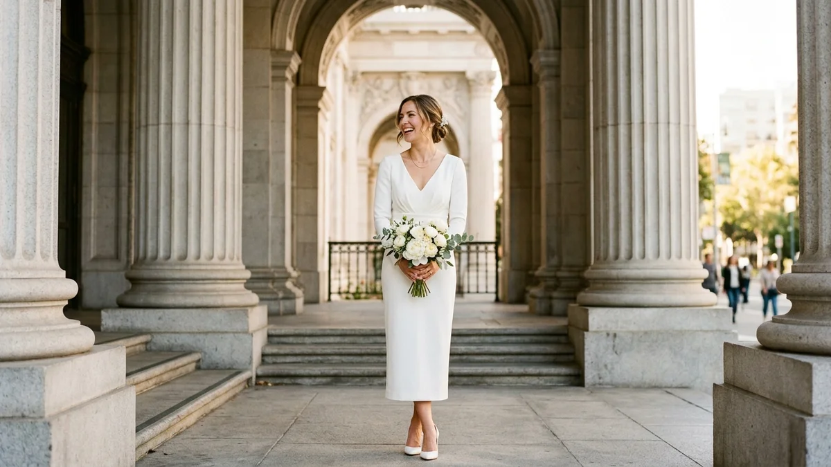 Radiant bride in a chic midi-length white dress holding a small bouquet outside a grand city hall entrance on a sunny afternoon