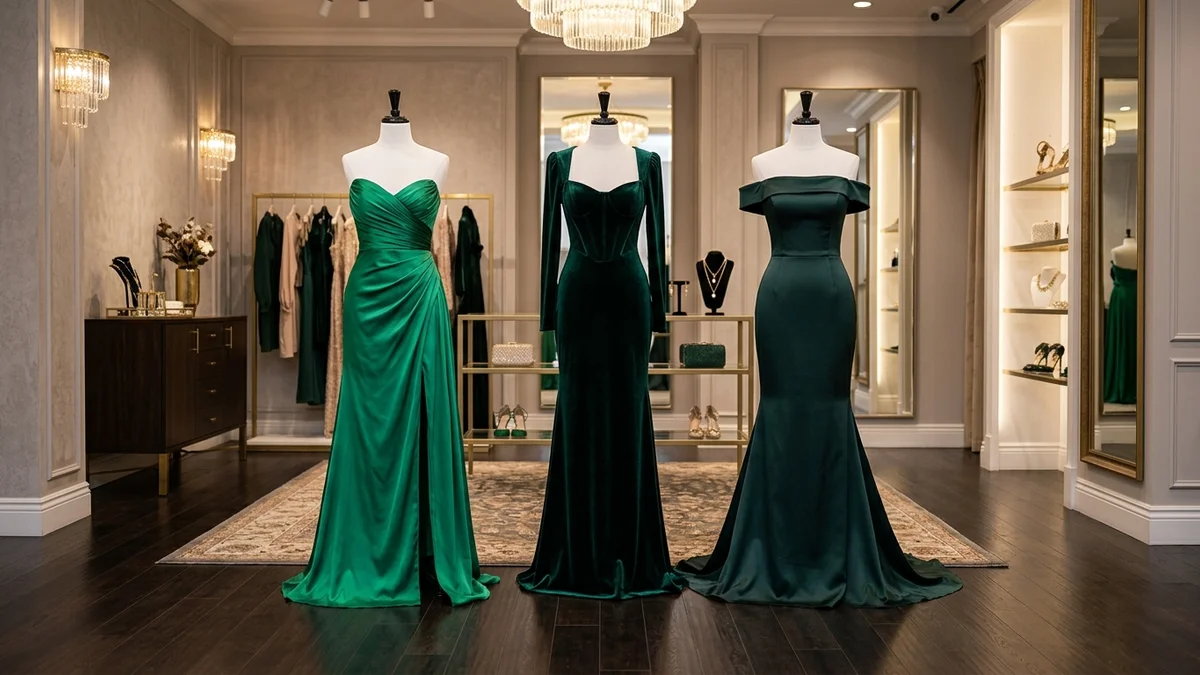 Elegante vestido de festa verde-escuro em um cenário de gala formal