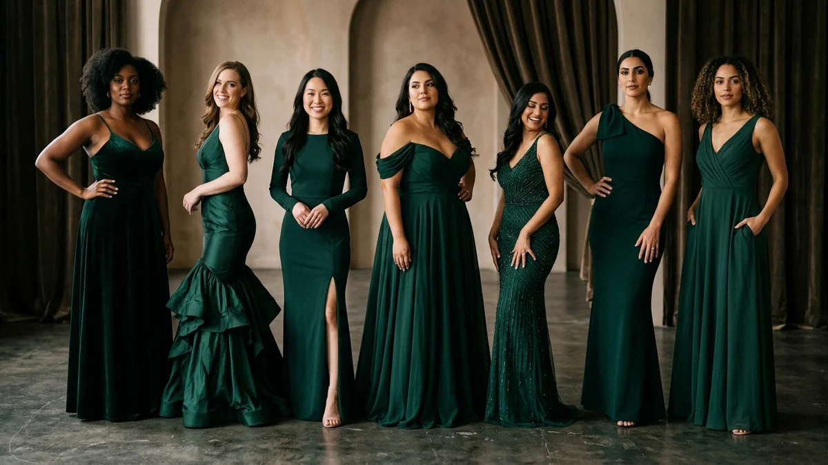 Diferentes tons de vestidos de festa verde-escuro para vários tons de pele