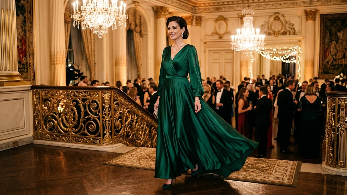 Woman wearing a dark green satin evening gown with gold accessories at a formal event