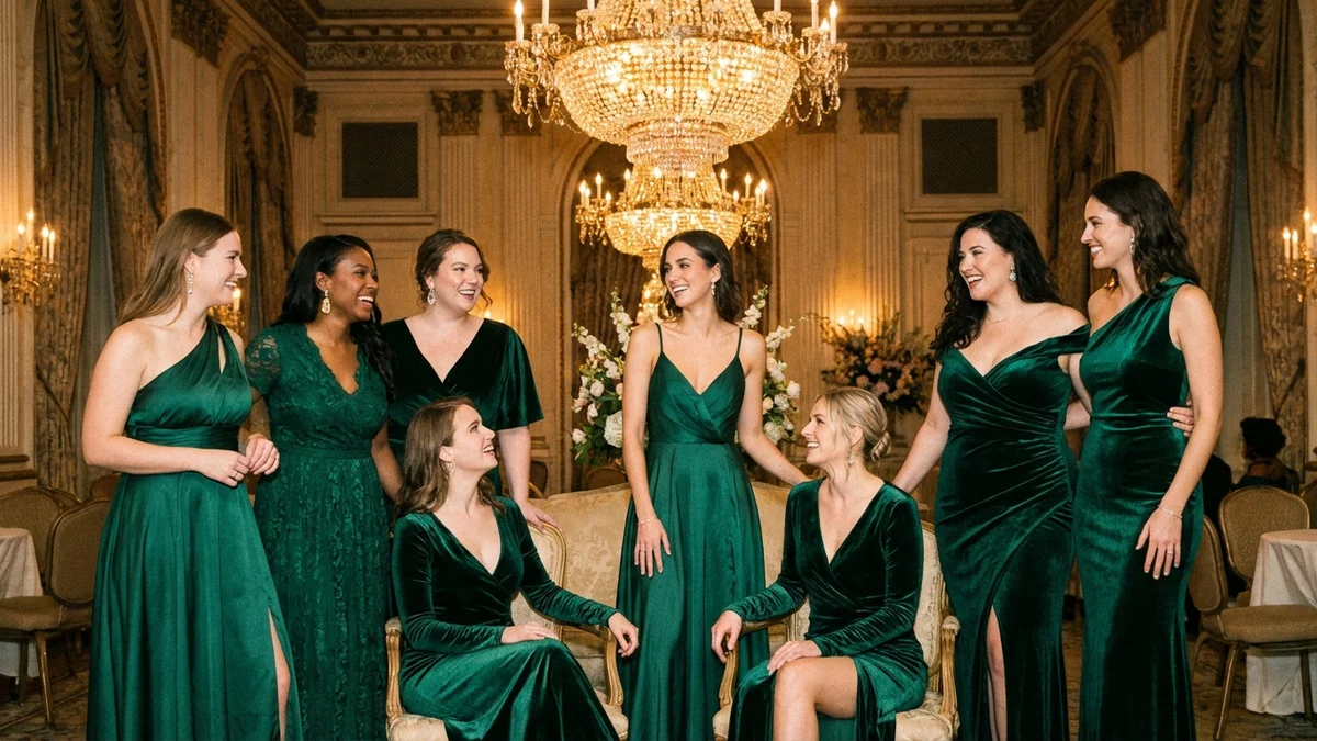 Bridesmaids wearing elegant emerald green gowns in a luxurious venue