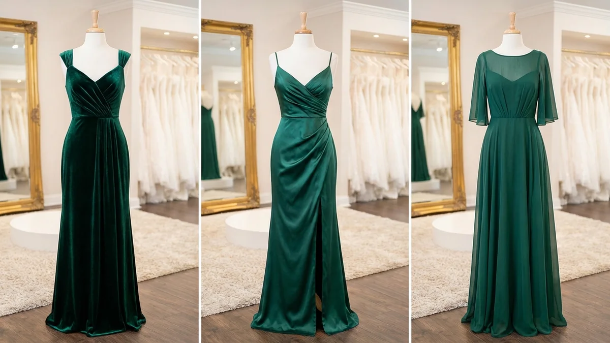 Different emerald green bridesmaid dress fabrics displayed in a bridal salon