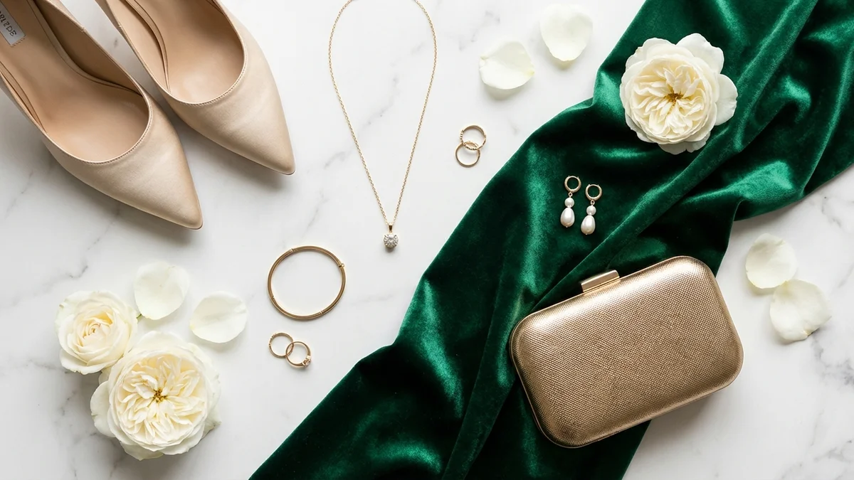 Bridal accessories styled with emerald green fabric, gold jewelry and champagne heels