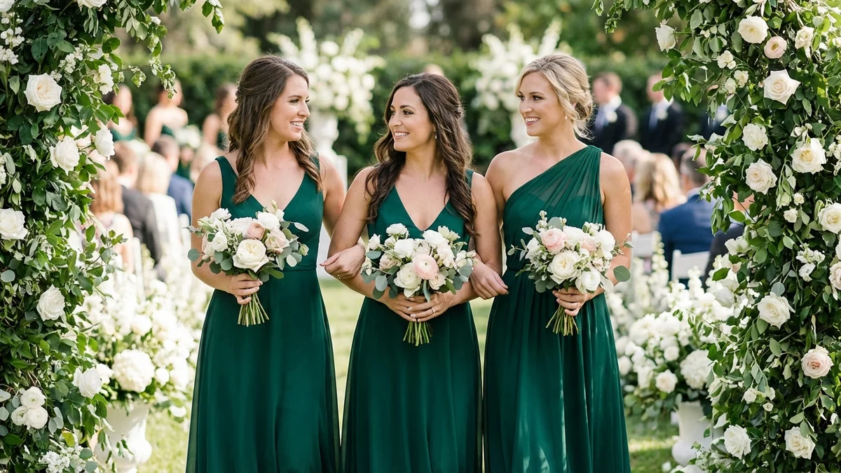 Bridesmaids in elegant emerald green dresses holding bouquets at a romantic wedding ceremony
