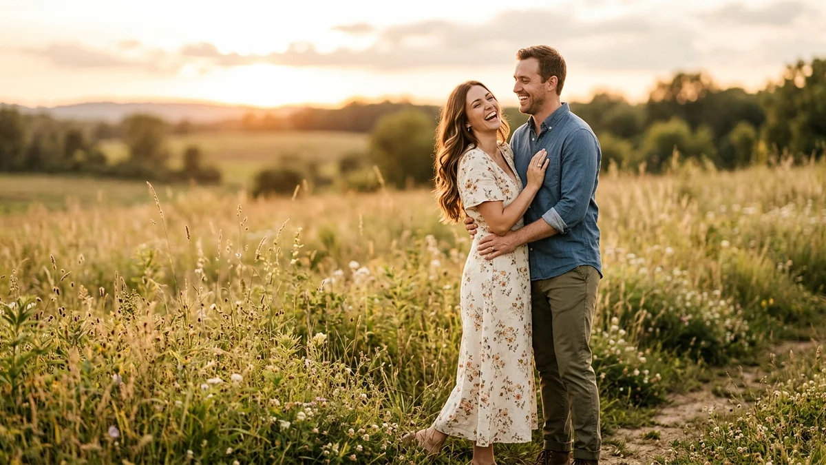 Engaged couple in coordinated outfits sharing a candid laugh during a golden-hour engagement session in an open field