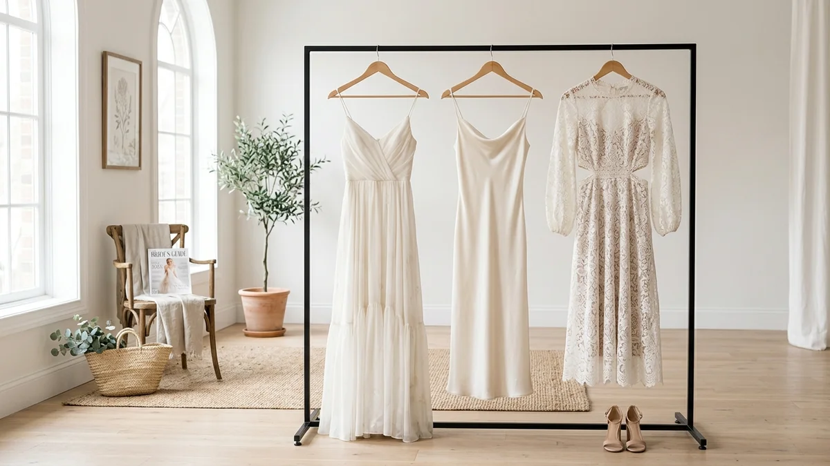 Three different engagement dress styles displayed side by side on a minimalist rack in a bright bridal styling suite