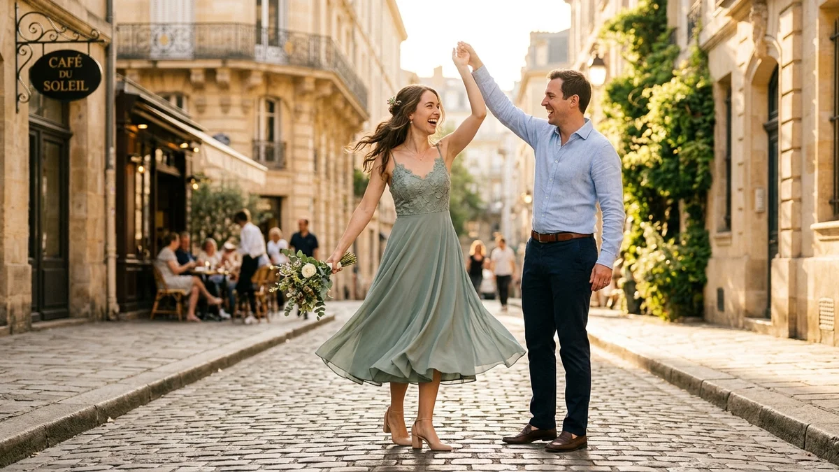 Bride-to-be in a dusty sage midi dress being twirled by her partner on a sunlit cobblestone street, candid joy captured mid-laugh