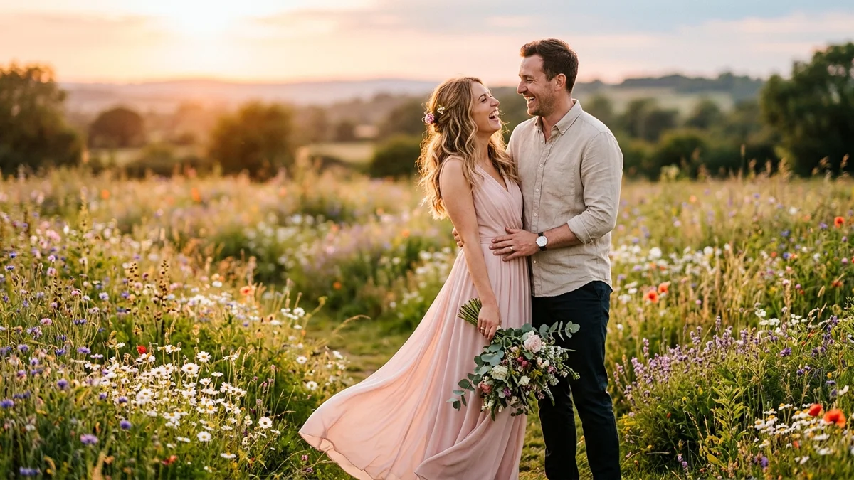 Bride-to-be in a flowing blush maxi dress laughing with her partner in a golden-hour field, engagement photoshoot style