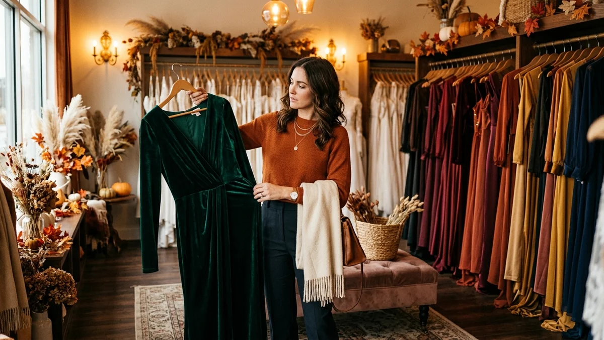 What fall cocktail attire looks like with autumn-toned dresses and accessories