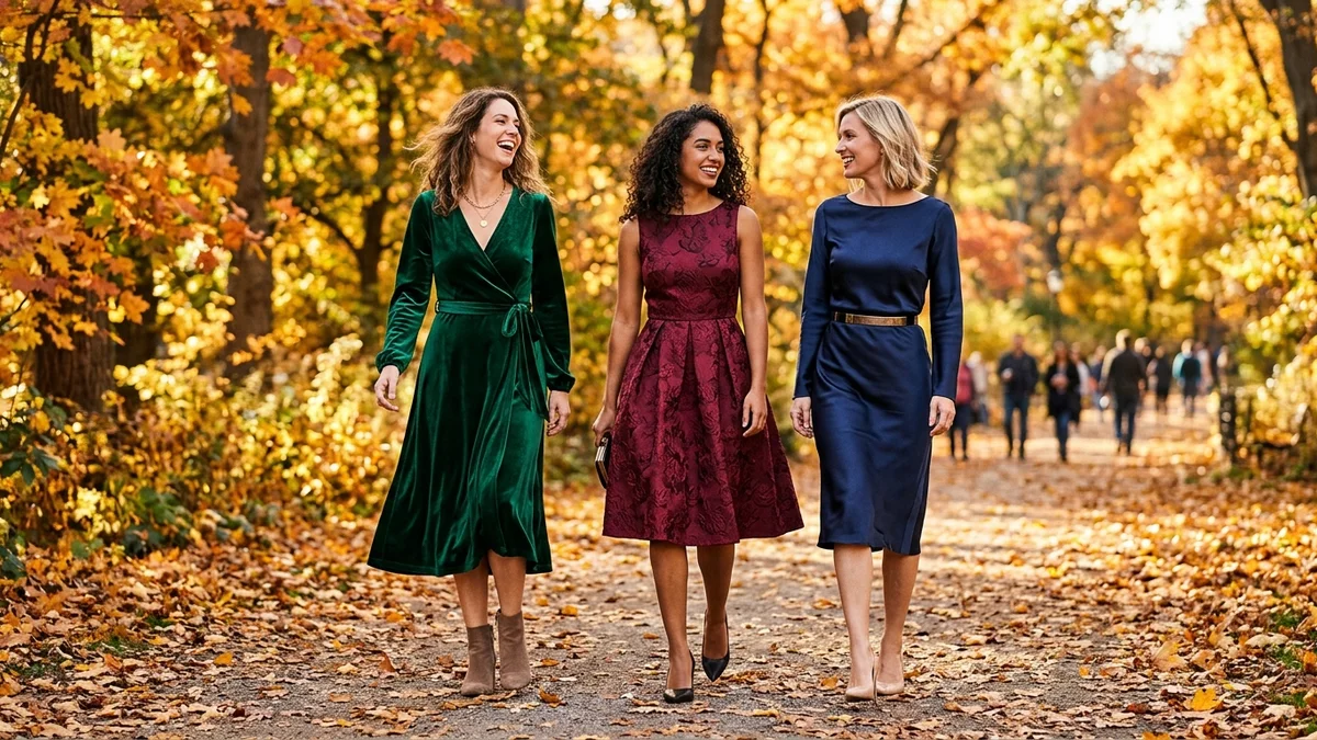 Trending fall cocktail dress silhouettes for 2026 including velvet midi and structured A-line styles