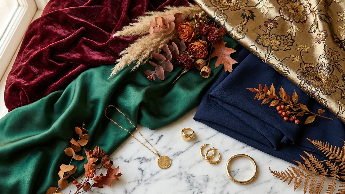 Rich autumn fabrics including velvet, satin, and brocade for cocktail dresses
