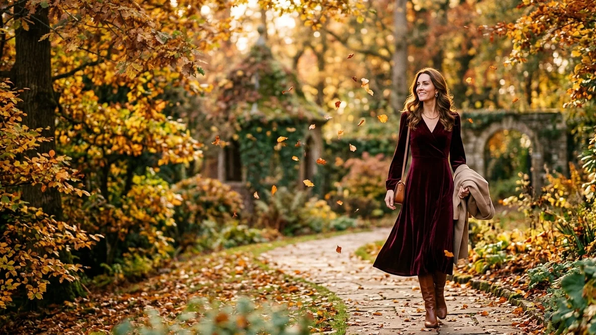 Confident woman in a burgundy velvet midi dress walking through an autumn garden with golden leaves falling around her