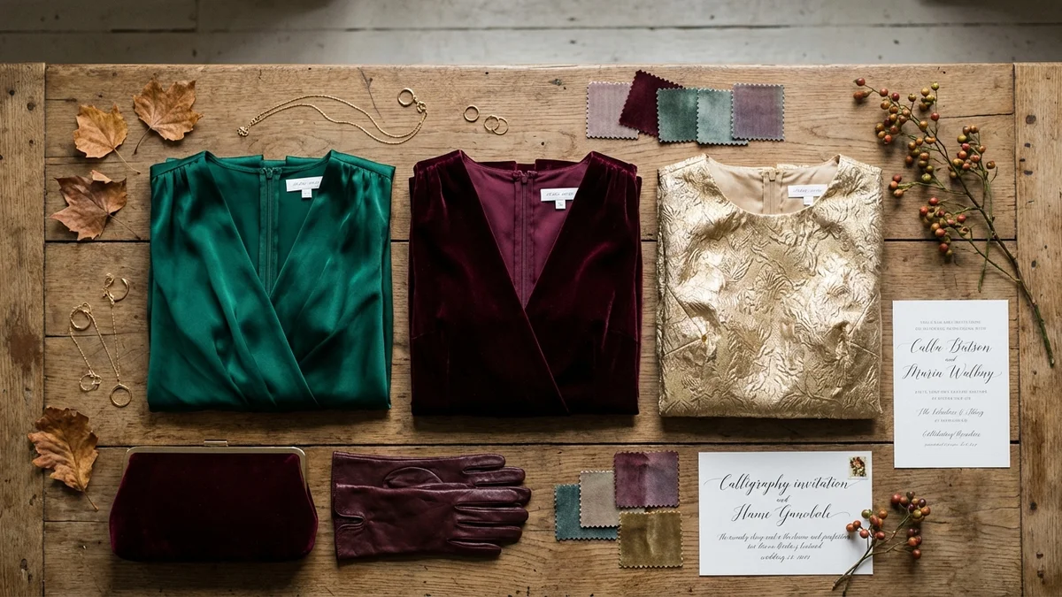 Fall wedding guest dress colors - burgundy, emerald, and gold