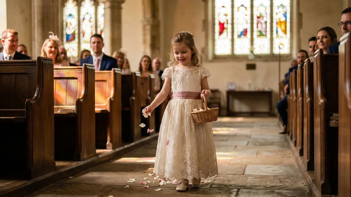 Young flower girl in beautiful lace dress walking down the aisle