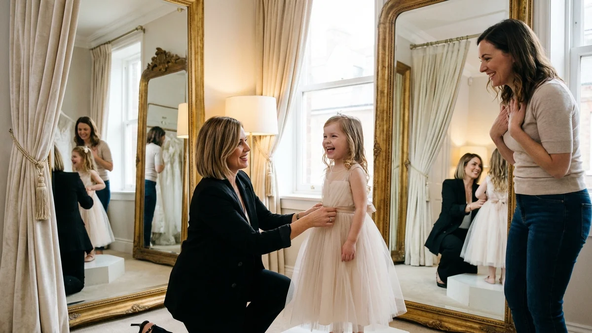 Bridal consultant helping choose flower girl dress in boutique