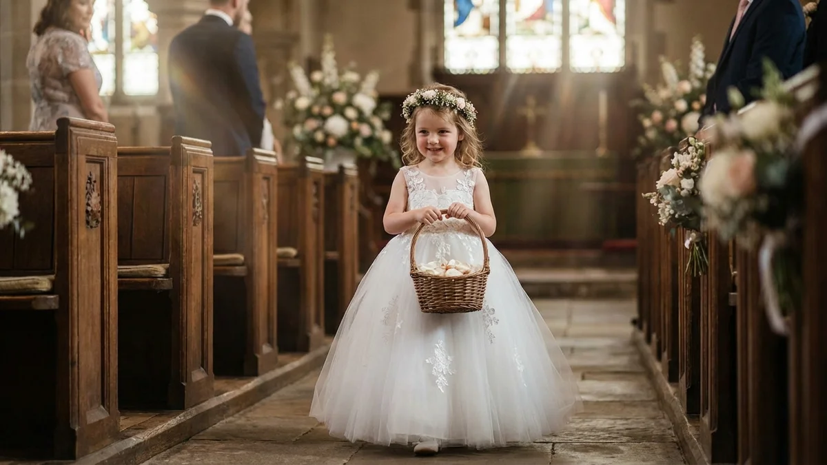 Adorable flower girl in elegant white tulle dress at wedding ceremony