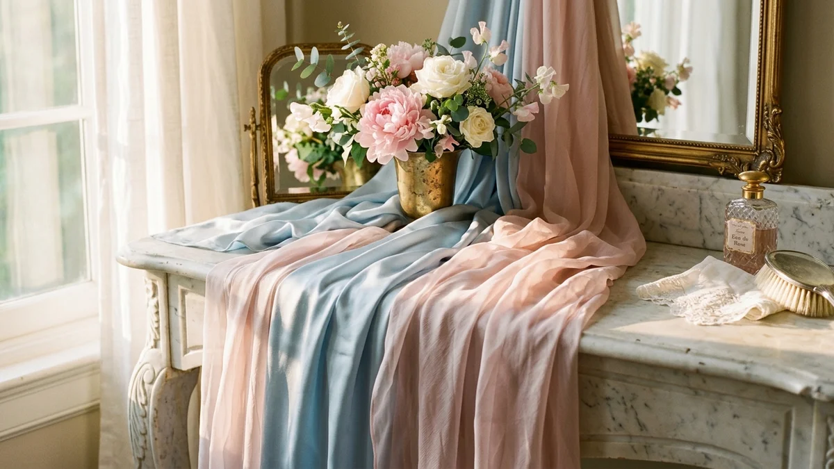 Close-up of flowing chiffon and silk formal dress fabrics draped over a vintage marble vanity with summer flowers and golden light