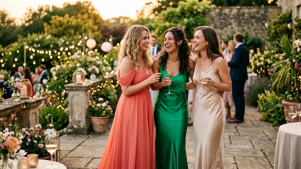 Bride and wedding guests laughing together on a breezy garden terrace at a summer evening celebration, wearing flowing formal gowns