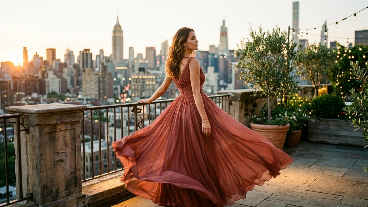 Elegant woman in a flowing chiffon formal gown at a sunlit rooftop terrace with city skyline at golden hour