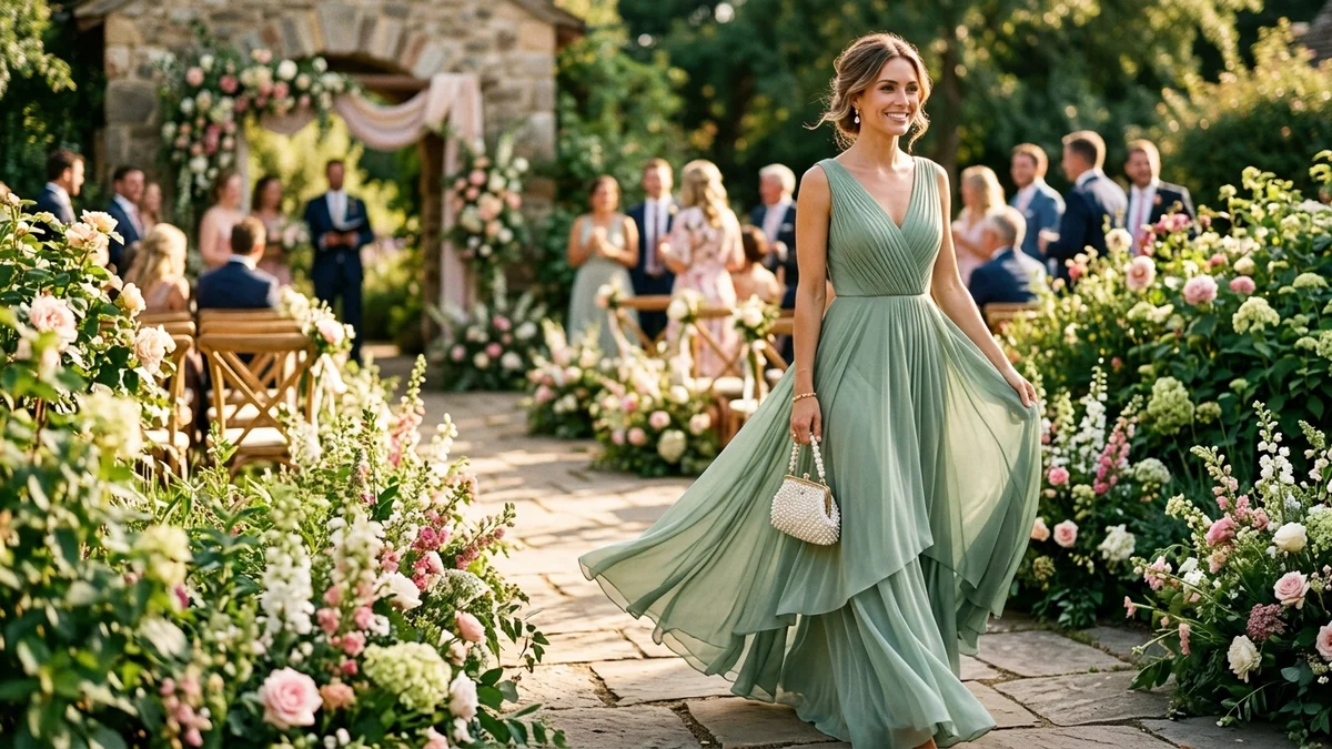 Elegant woman in a flowing sage green chiffon gown arriving at a sun-drenched garden wedding, clutching a pearl evening bag