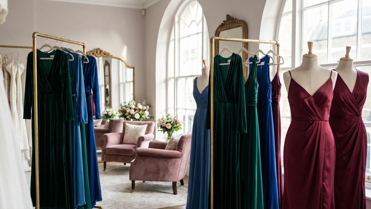 Elegant formal wedding guest dresses in a luxury boutique setting