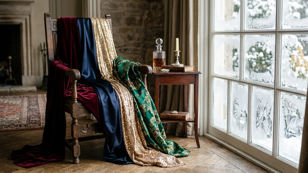 Close-up of rich velvet and satin formal dress fabrics draped over an antique wooden chair beside a frosted window with soft winter light streaming through