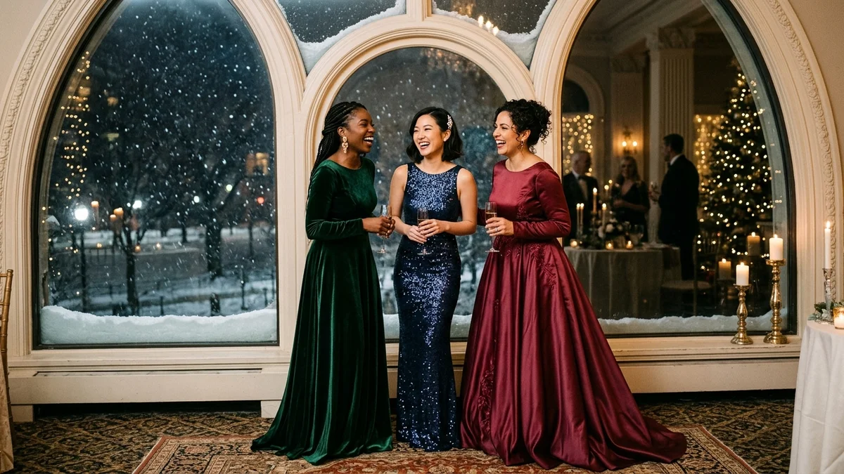 Three women at an elegant winter gala each wearing different formal gown silhouettes — an A-line velvet, a sequined column dress, and a long-sleeve satin ball gown — laughing together by a grand window