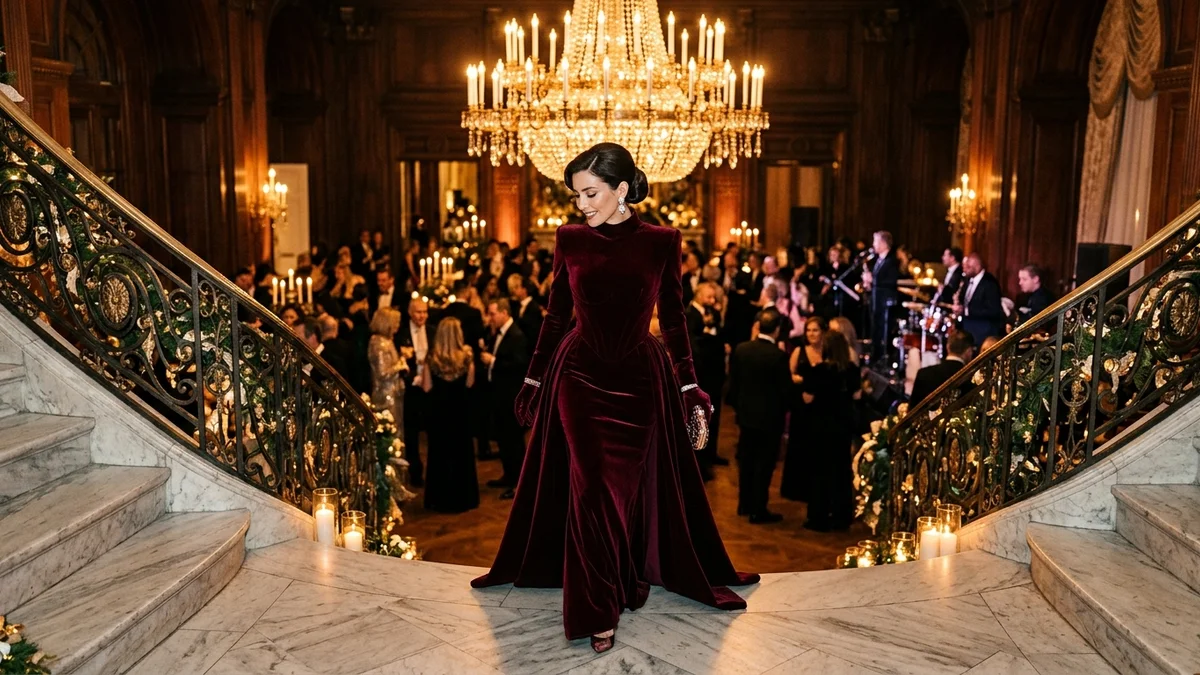 Elegant woman in a floor-length velvet burgundy gown descending a grand staircase at a candlelit winter gala