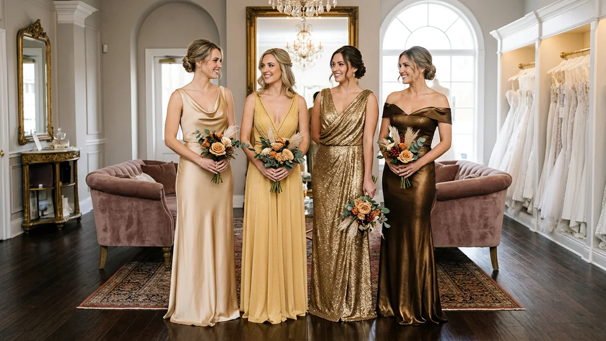 Bridesmaids wearing different shades of gold dresses in elegant setting