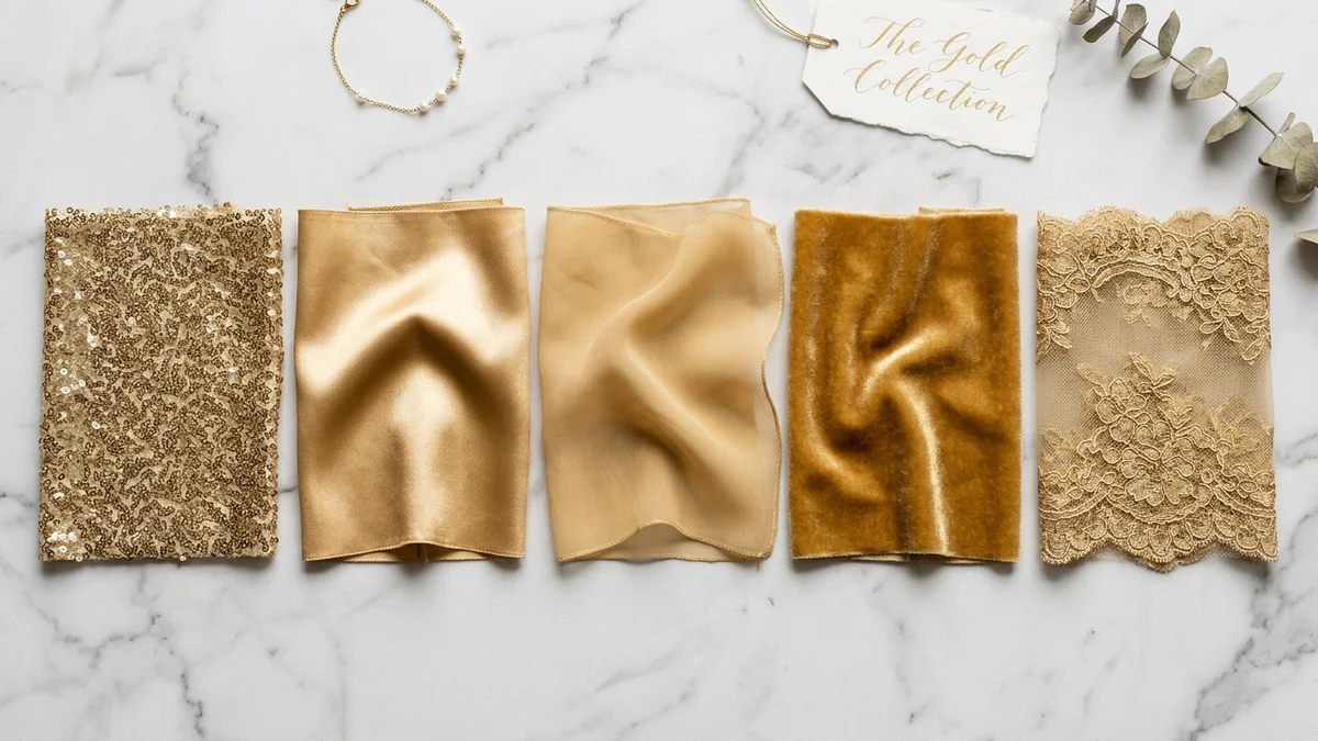 Gold bridesmaid dress fabrics from sequin to satin to chiffon