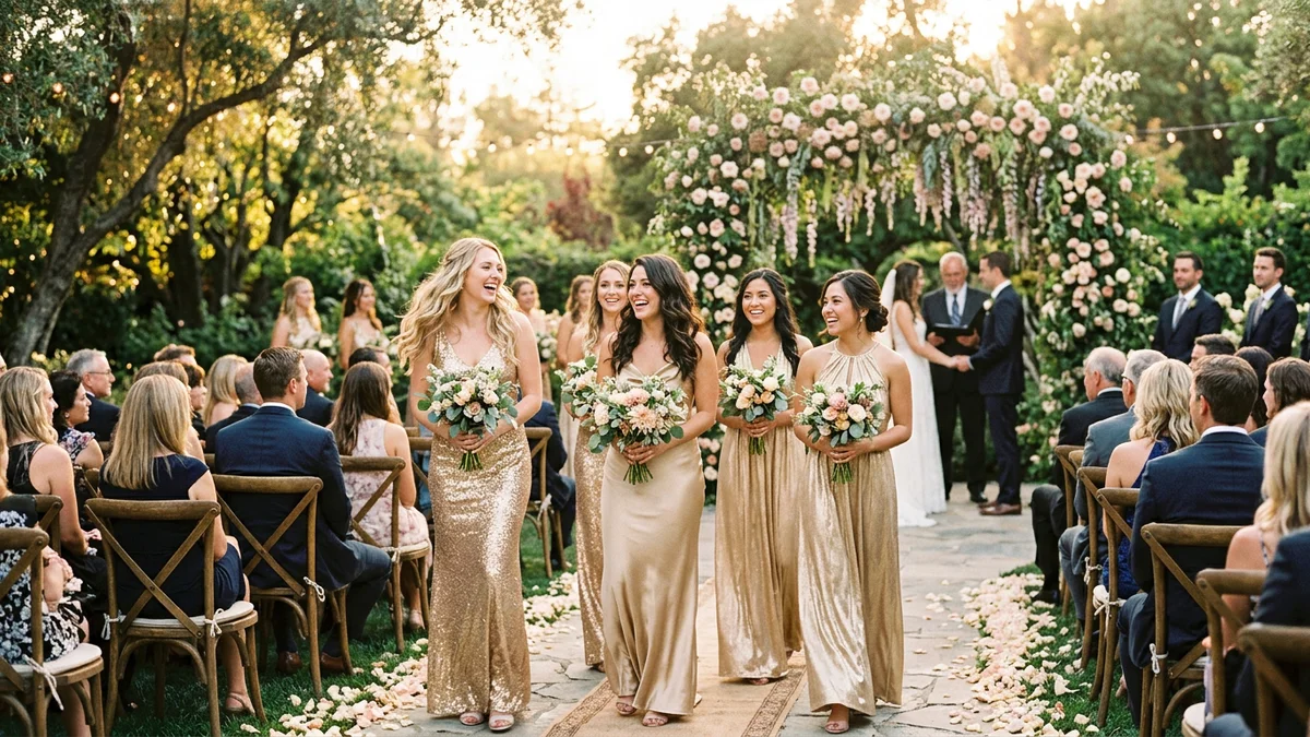 Gold bridesmaid dresses styled for different wedding themes
