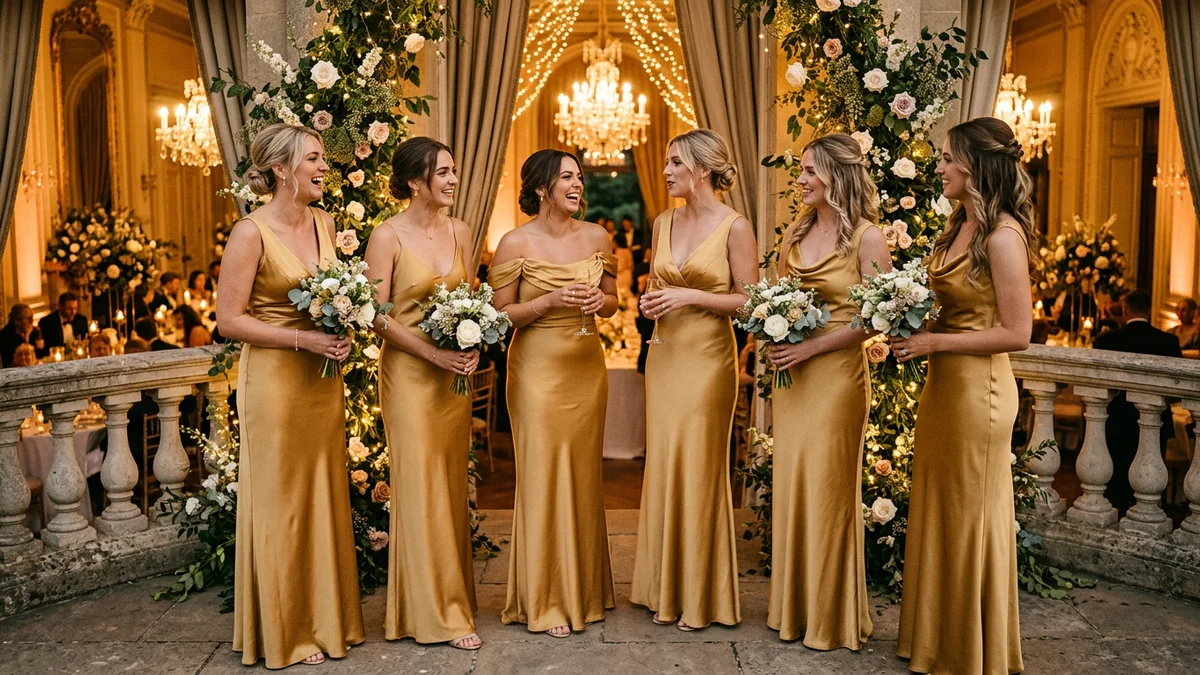 Bridesmaids wearing elegant gold gowns at a sophisticated wedding venue