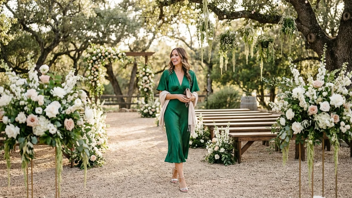Stylish wedding guest in a green dress at an elegant ceremony