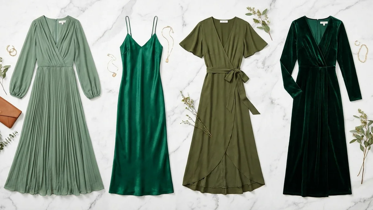 Different shades of green wedding guest dresses displayed in elegant setting