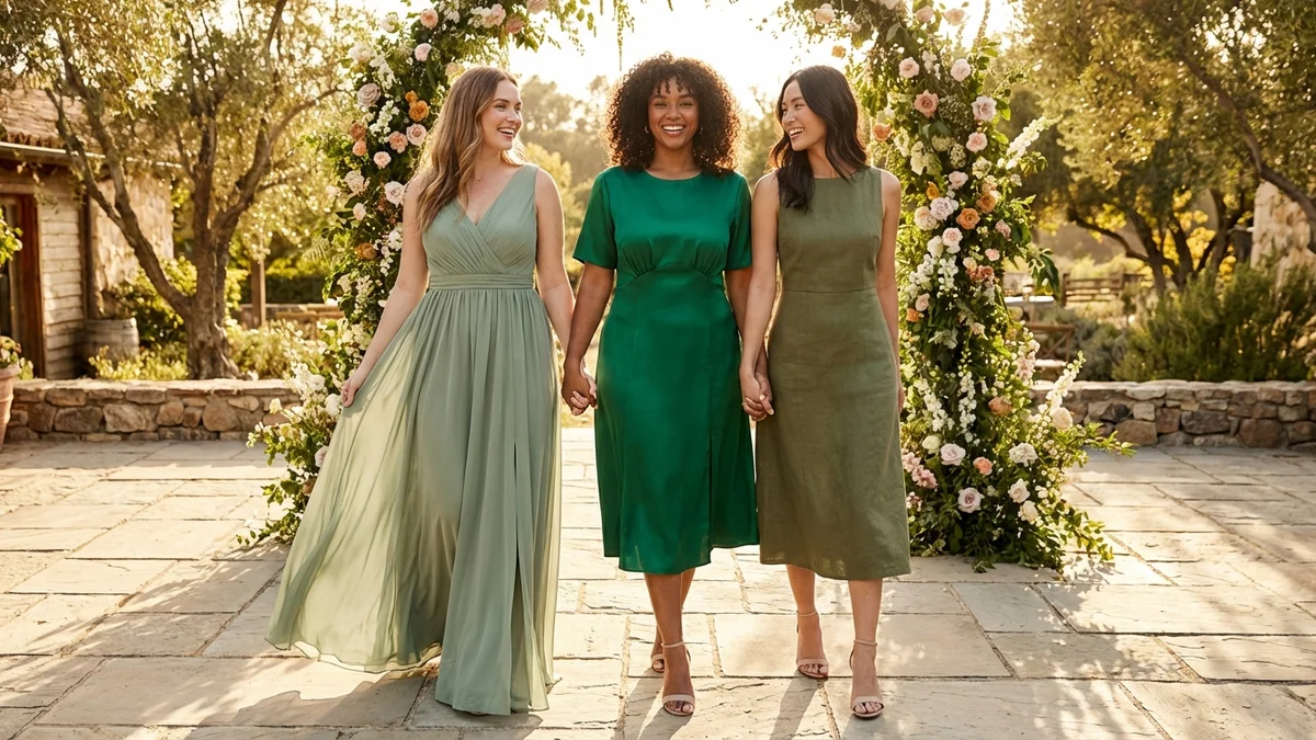 Diverse women wearing different shades of green dresses showcasing skin tone matching