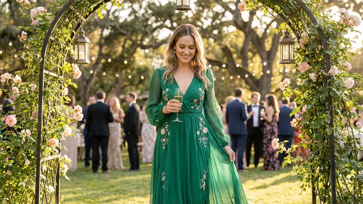 Elegant woman wearing a green wedding guest dress at a romantic garden celebration